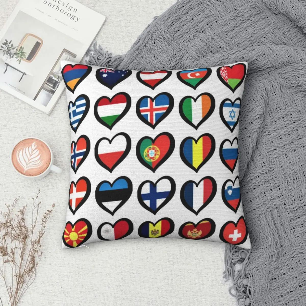 Eurovision Song Contest Flags Hearts Square Pillowcase Polyester Pillow Cover  Decor Comfort Throw Pillow For Home Living Room