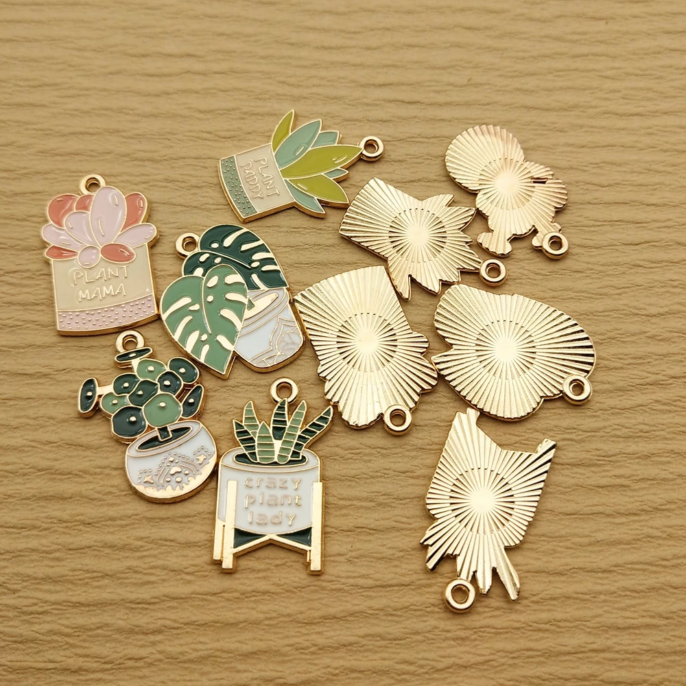 10pcs Pot Plant Charm for Jewelry Making Enamel Pendant Diy Accessories Zinc Alloy Gold Plated