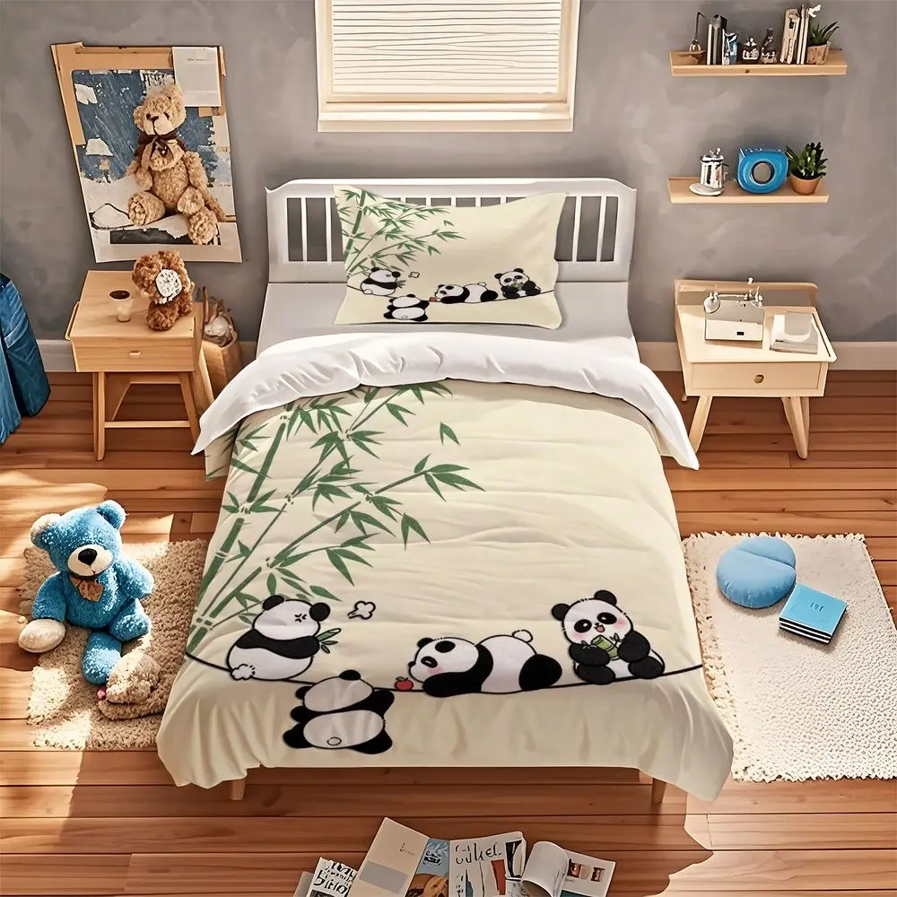 Cute Panda Bamboo Print Duvet Cover Set Comforter Cover Bedding Set No Filler Cartoon Teen Cozy Bedroom Bedding Kit