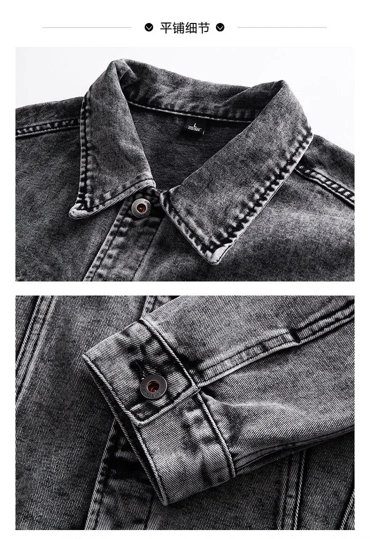 Verwaschene Schwarze Acid-Wash Denim Trucker Jacke für Herren Vintage Ausgewaschener Jeans-Mantel Übergroße Urban Streetwear Oberbekleidung Denim-Top Hip Hop – Detail 5