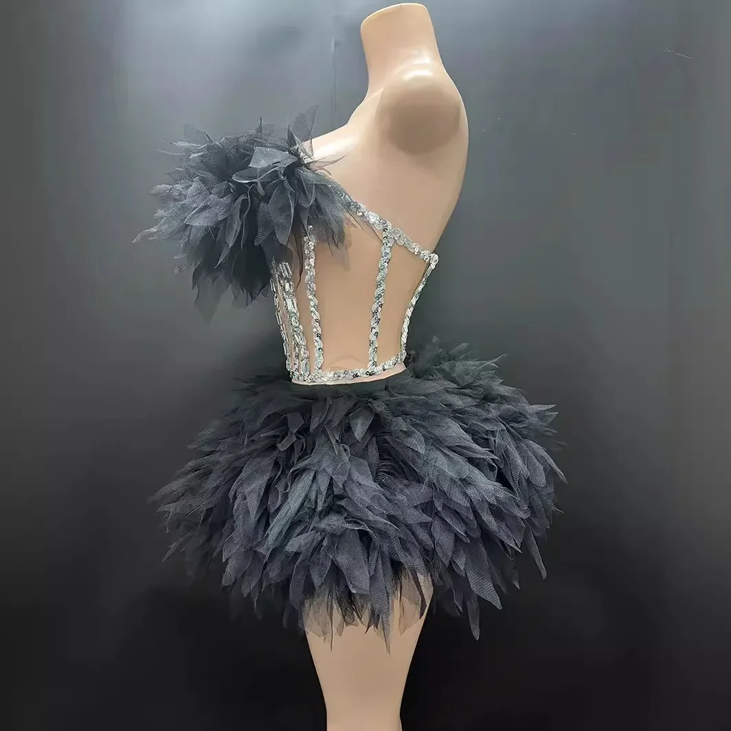 New Arrival Black Mesh Ballet Dance Dress Nightclub Bar Activity Party Performance Costume Rhinestone Dress For Birthday