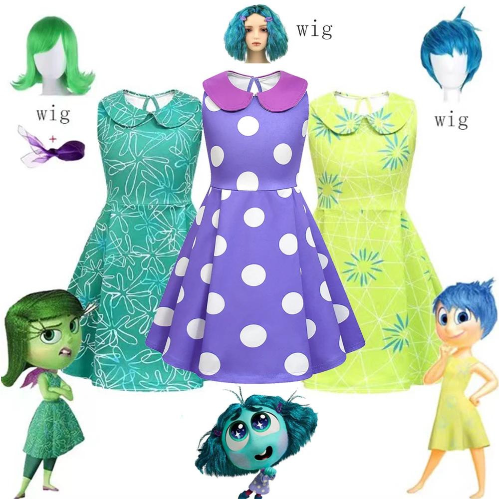 Movie Inside Out 2 Childrens Cosplay Dress Wig Costume Joy Disgust Roleplay Girls Clothing Carnival Halloween Fashion Party Sets