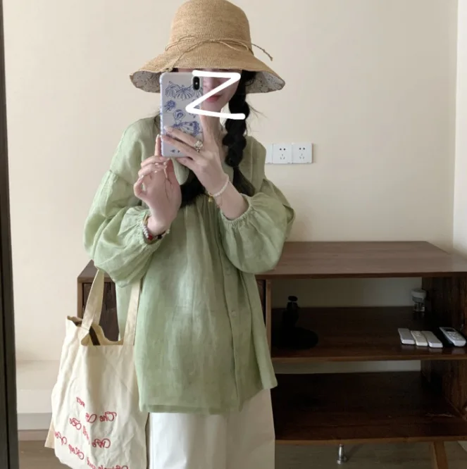 Women's Light Green Linen-Blend Peplum Blouse, U-Neck Button-Down Short Sleeve Top, Casual Loose-Fit Summer Shirt 3