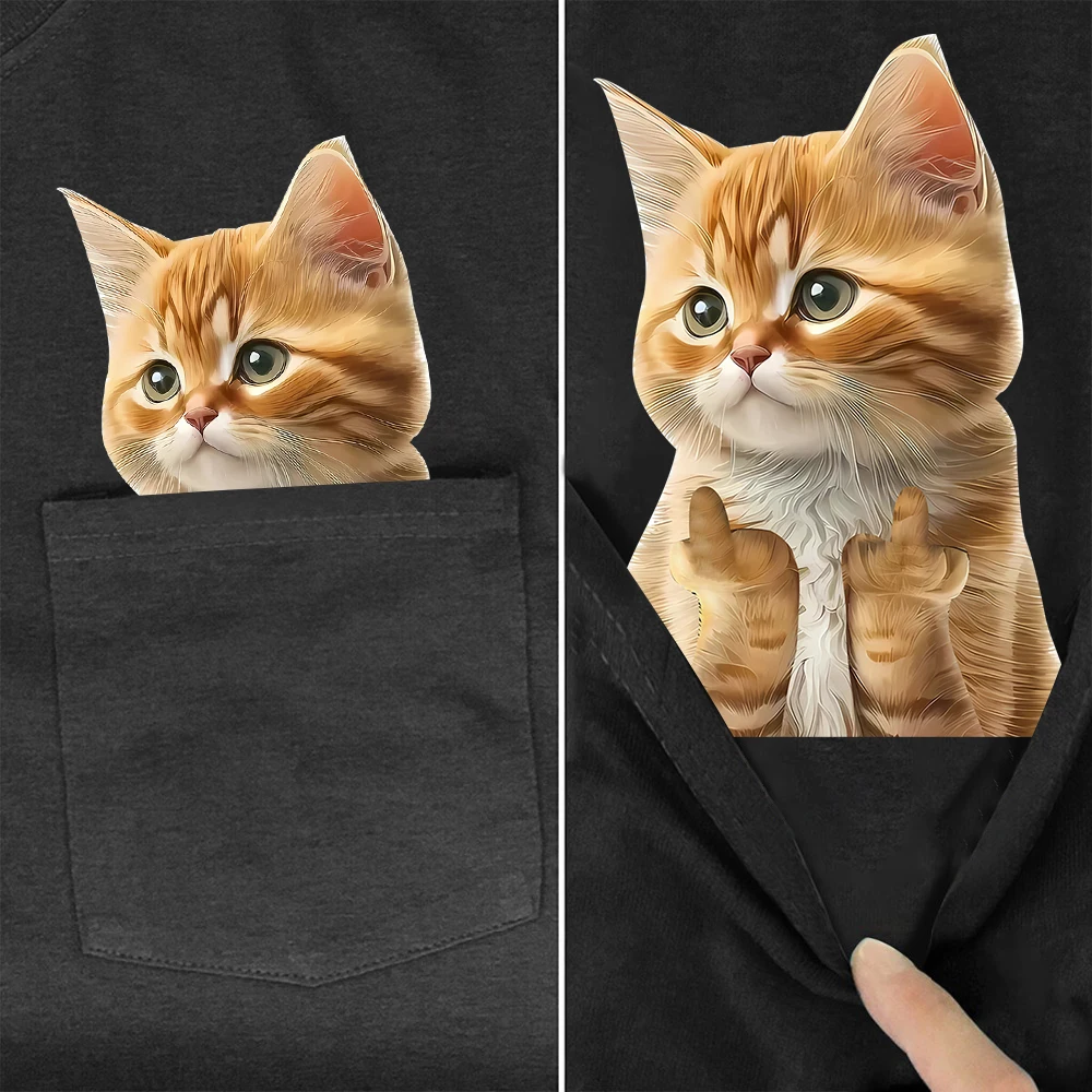 CLOOCL Animal Cats Cotton T-Shirts Funny Cute Kitten Double Middle Finger Print Pocket T-shirt Women Clothing Short Sleeve Tees