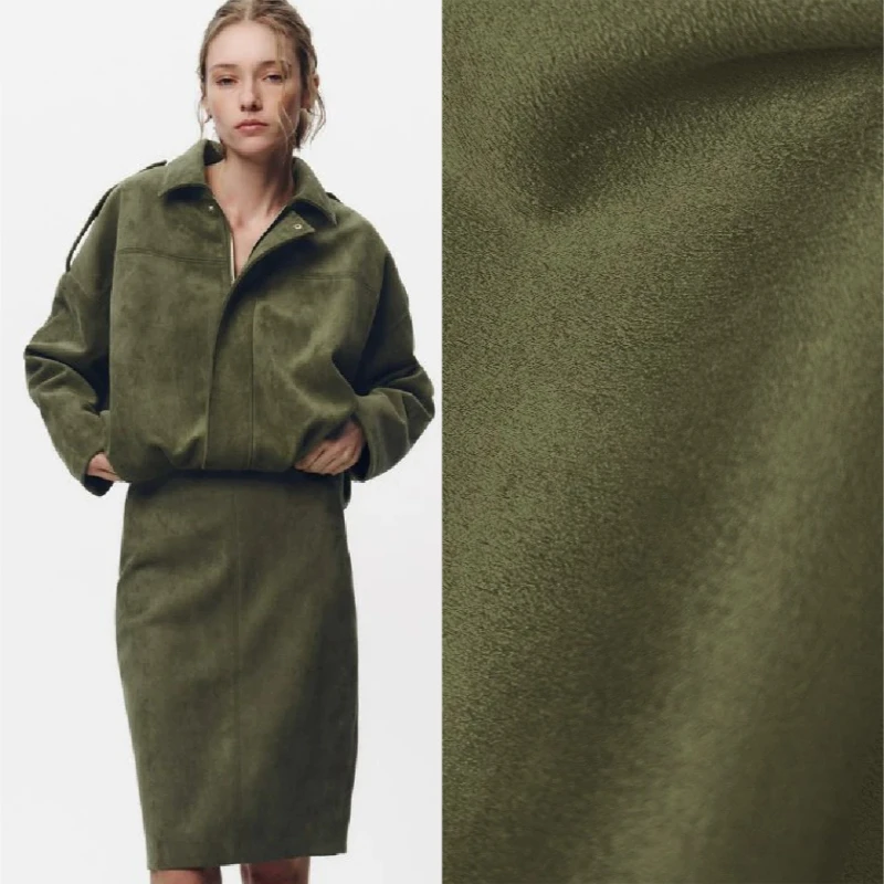 Green Stretch Suede Fabric Faux Leather Designer Handmade DIY Clothing Skirts Jackets Trench Coats Fashion Sewing Craft Material