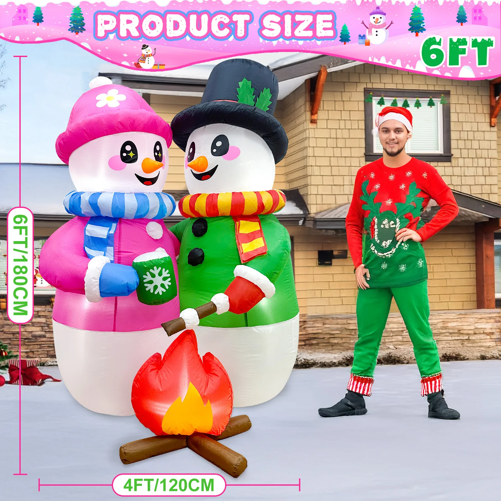 6ft Christmas Outdoor Decorations, Christmas Inflatable Snowman Couple with LED and Bonfire for Yard Garden Lawn Party