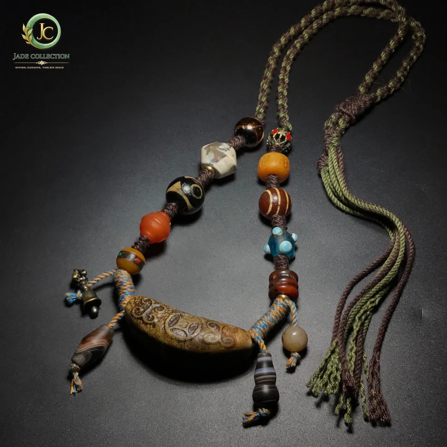 Unique Tibetan Old Agate Dzi Carved Ancient coins Horn Beads Necklace J0508