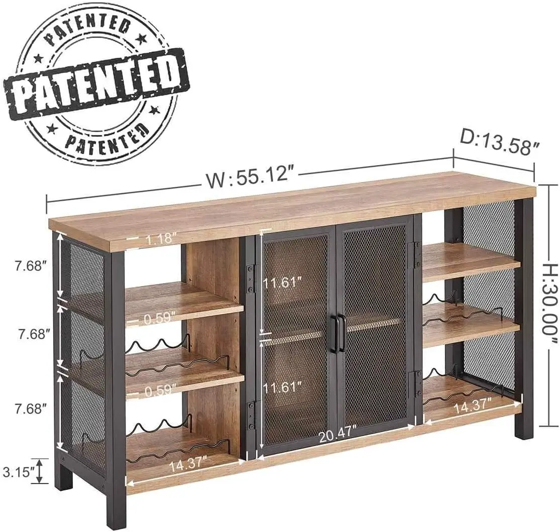 Industrial Wine Bar Cabinet for Liquor and Glasses, Farmhouse Wood Coffee Cabinet with Wine Rack, Metal Sideboard and Bu