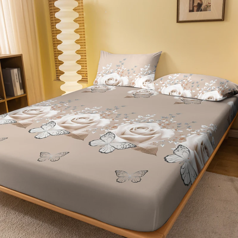 

1 Simple modern Plant Flower butterfly printed matte Fitted Sheet, bedroom printed bed cover, bedding (excluding pillowcases)
