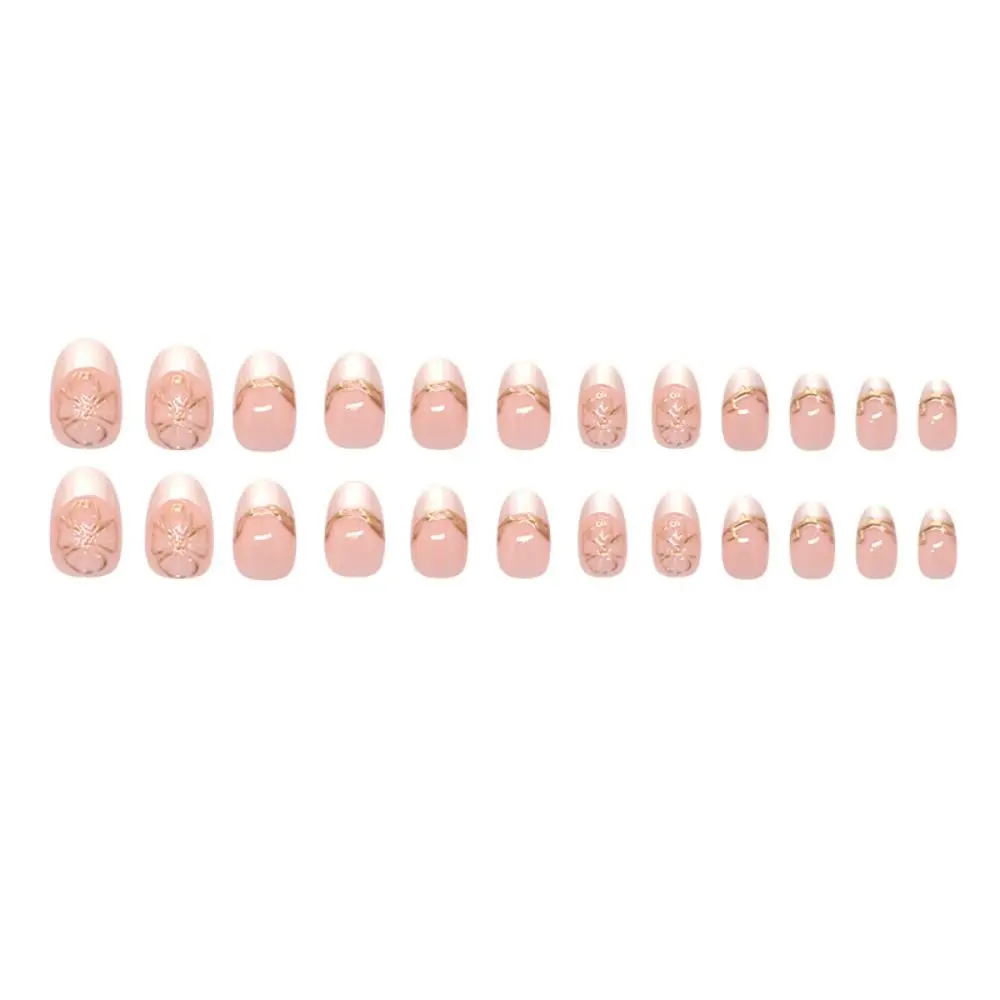 24 pçs manicure oval unhas falsas borda olho de gato unhas falsas francesas flores douradas dicas de unhas destacáveis diy