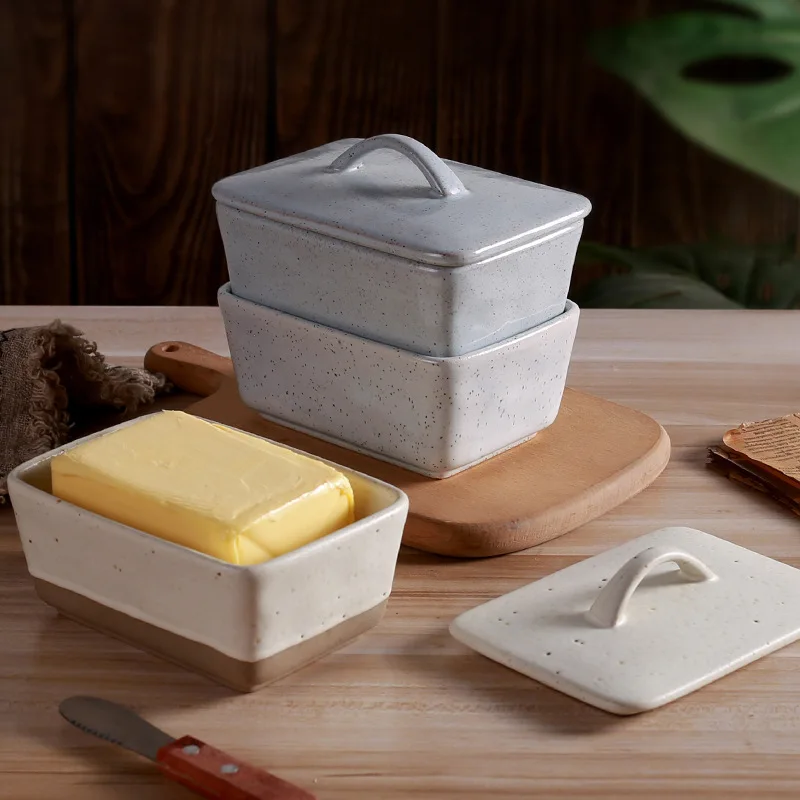 

Vintage Ceramic Butter Box with Lid Square Butter Box Western Style Butter Box Kitchen Supplies Desktop Coarse Pottery Tableware