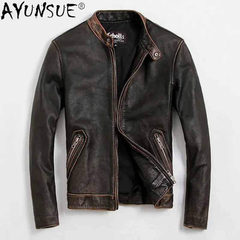 2021 Real Genuine Cow Leather Jacket Men Slim Vintage Short Vintage Men Sheepskin Coat Motorcycle Fashion Mens Clothes WPY3676