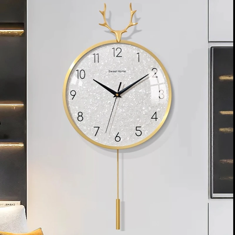 Golden Deer Horn Hanging Clock Pendant Light Luxury Dial Silent Living Room Modern and Simple Home Wall Decoration