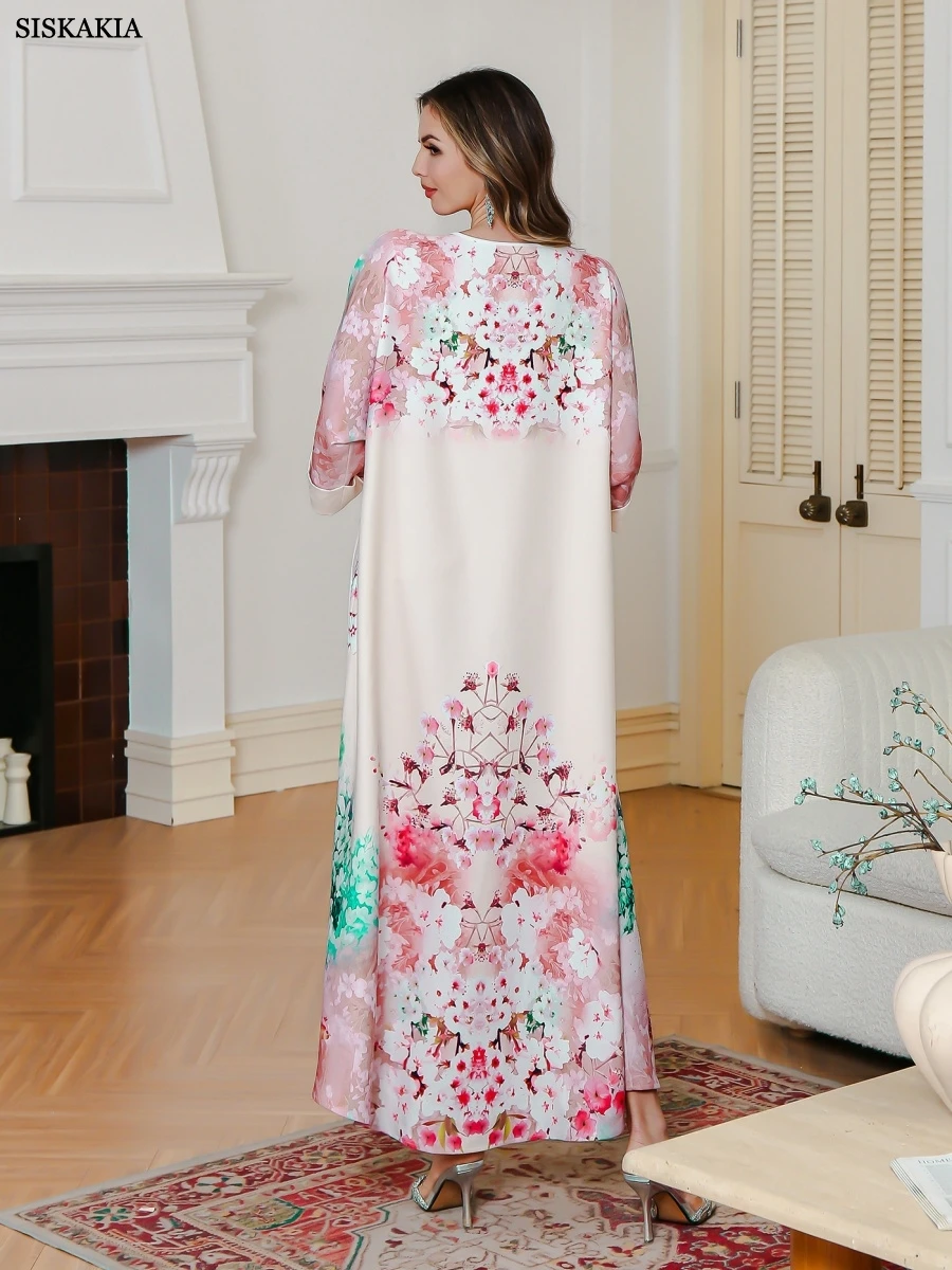 Sisakia dubaï dubaï imprimé fleuri Abaya avec strass robe musulmane col rond manches plis caftans
