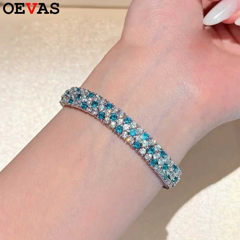 

OEVAS Full 5A Blue Zircon Lab Diamond Bracelet S925 Silver plated 18K Gold for Women Sparkling Party Bracelet Fine Jewelry