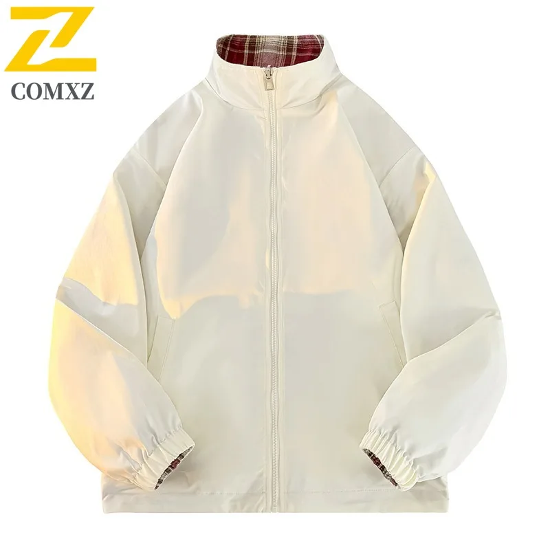 COMXZ 2025 Spring Autumn Reversible Stand Collar Jacket Mens Japanese Style Thin Casual Coat tactics lightweight windbreaker
