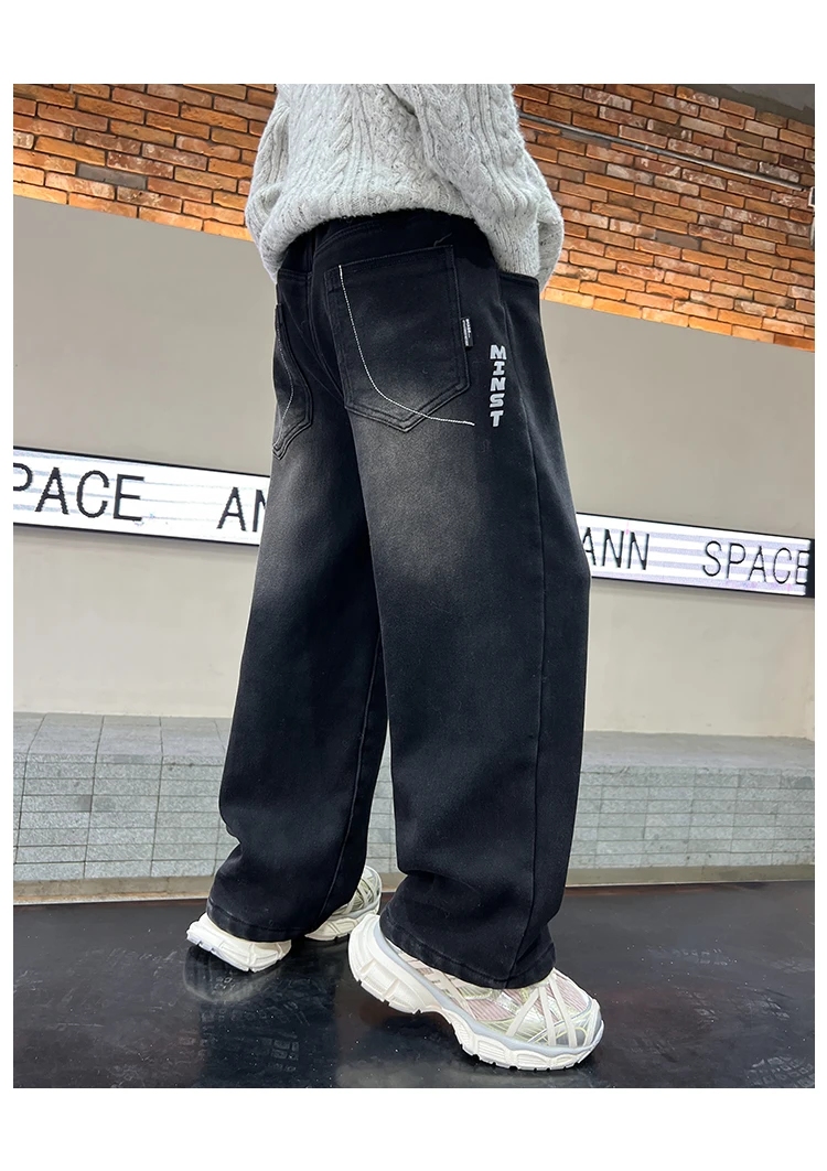 Schwarze Jeans für Teenager und Kinder, Frühling/Herbst, Retro-Verlauf-Design, gerade Passform, Denim-Hose, stylische weite Hose für Jungen, 5-14 Jahre – Detail 4