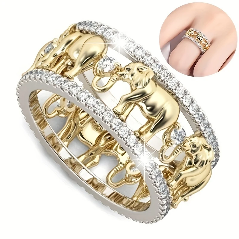 Two Colours Elephant Ring Hollow Decoration Ring Delicate Fashion Animal Ring Zirconia Ring Romantic Wedding Ring Gift