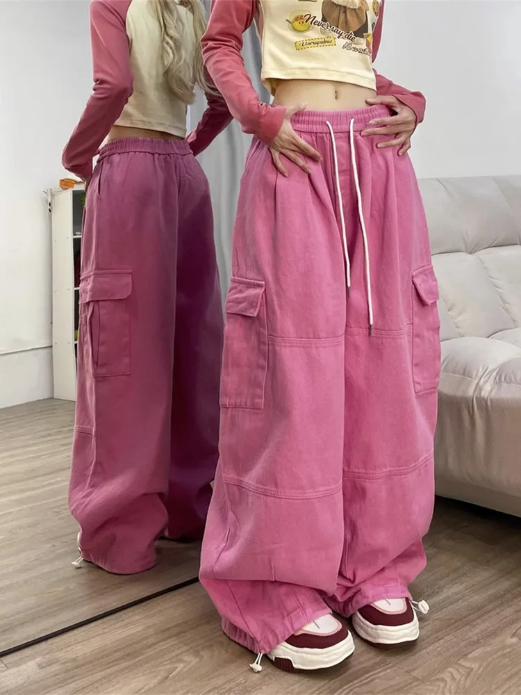 2023 Korean Y2K Fashion Drawstring Casual Baggy Cargo Jeans Pants Women Clothing Straight Wide Leg Sweatpants Female Trousers