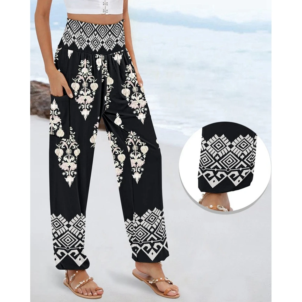 

Women Fashion Streetwear Baggy Pants Shirring High Waist Pants Vintage Floral Print Cuffed Pants Casual Work Out Pants
