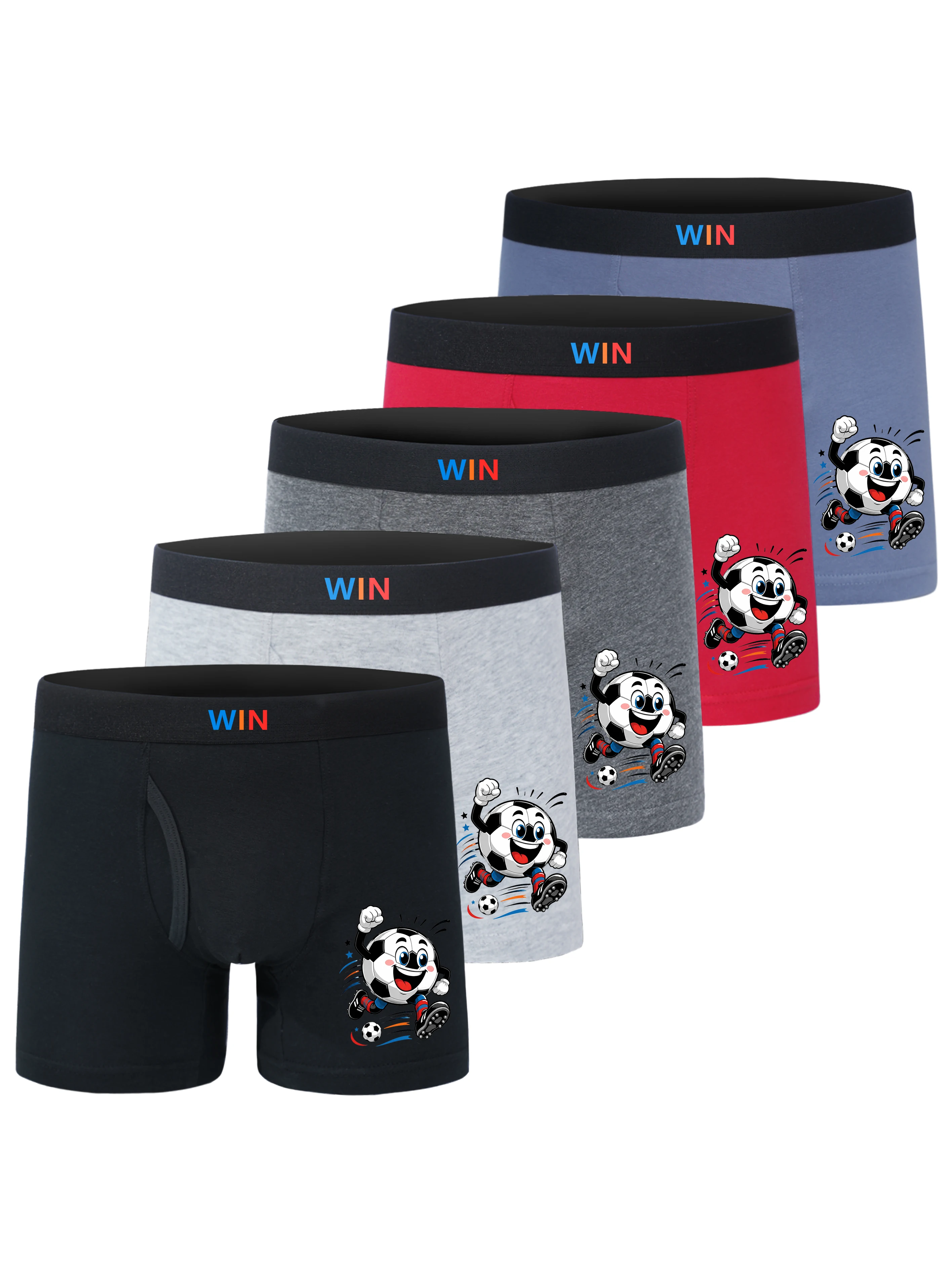 5 Pack Boys Cotton Open Fly Boxer Briefs WIN Letter Cartoon Cheering Soccer Ball Print Soft Breathable Kids Underwear