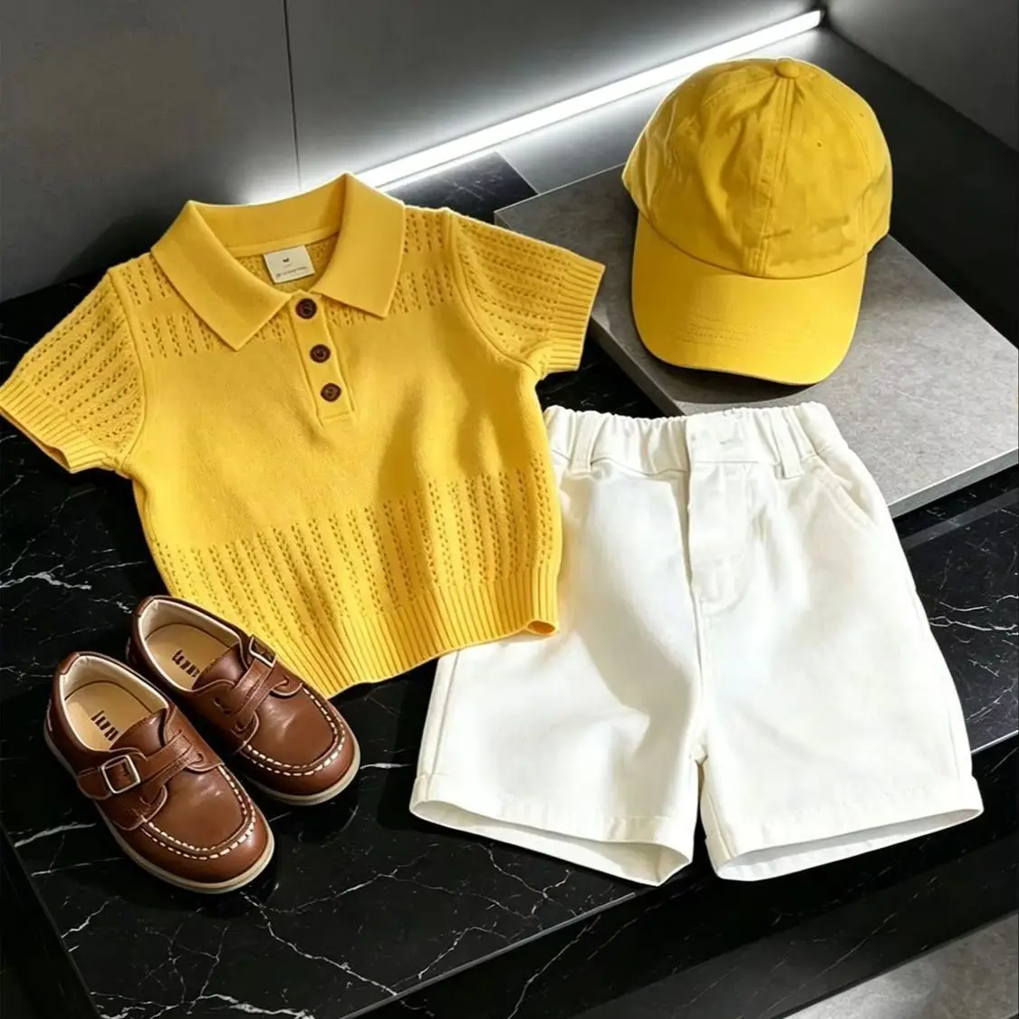 

Boys Summer Set New Children Ice Silk Polo Shirt and Casual Shorts Set Kids Yellow Knitted 2 Piece Clothing