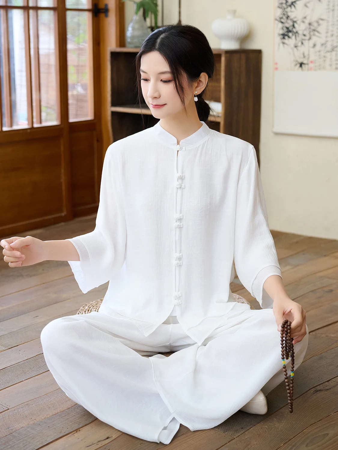 

Fashionable Cotton Linen Set with Elastic Waist Midi Sleeve Stand Collar Top And Long Pants Two Piece Set for Women