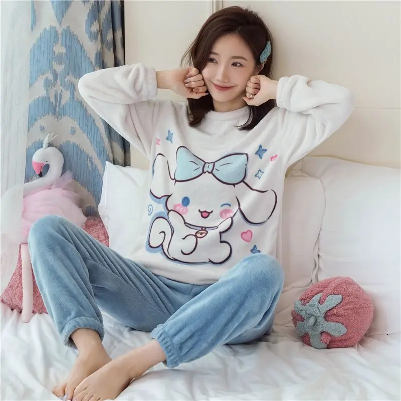 Sanrios Cinnamoroll Anime Kuromi Pyjama pour femme, mignon, parent-enfant, lieux épais, sourire, adulte, enfants, vêtements de salon, hiver