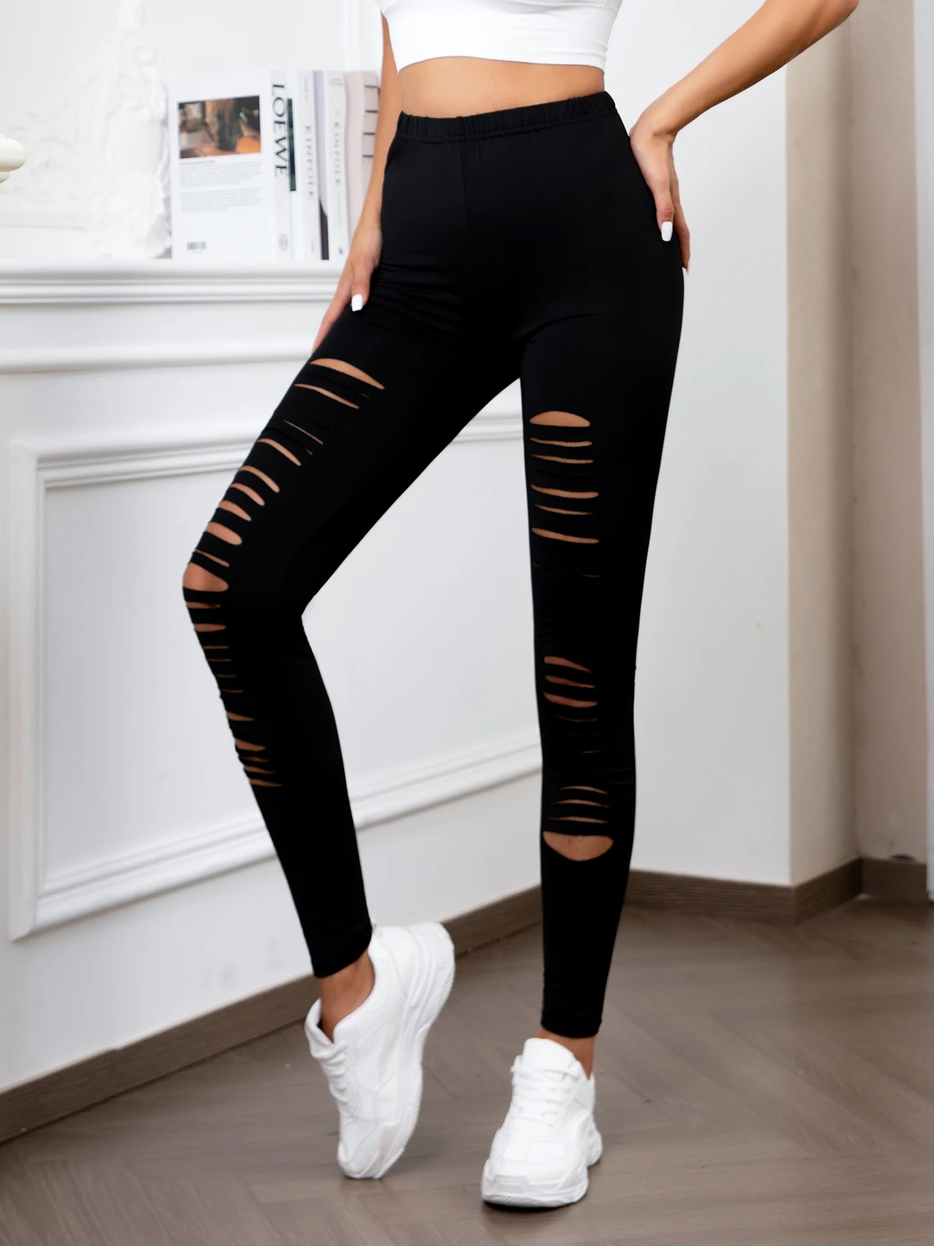 Europe And The United States New High-waisted Leggings Personality Ripped Stretch Nine Pants Solid Color Tight Leggings Women