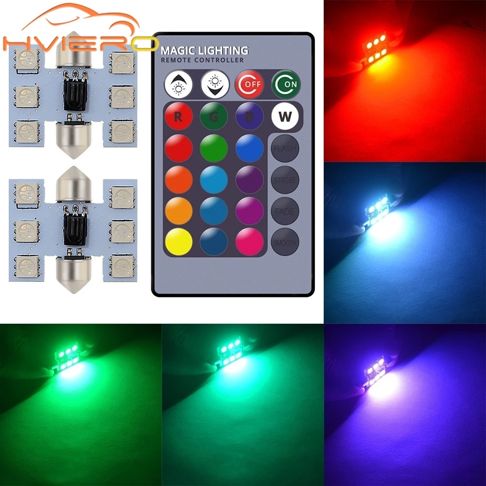 2 adet 5050 31mm RGB 6SMD İç Festoon tavan aydınlatması C5w C10w Kapı Led Araba Mobil Uzaktan Kumandalı Renkli Lamba Çatı Bagaj Ampul
