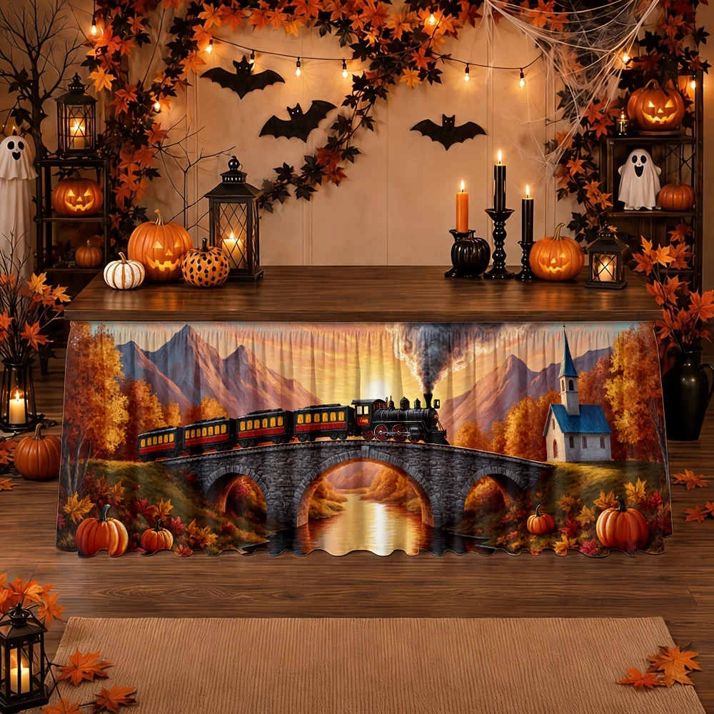Bridge, mountain, church, pumpkin, harvest, scenery, autumn, Thanksgiving, Halloween, party, table setting, 1 piece