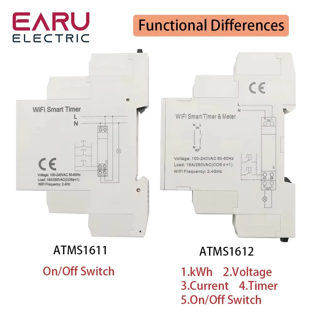 AC 110V/220V 16A Din Rail Wifi Timer Switch Relay Breaker kWh Energy Meter Volmeter Ammeter Limiter Remote Control by Tuya APP