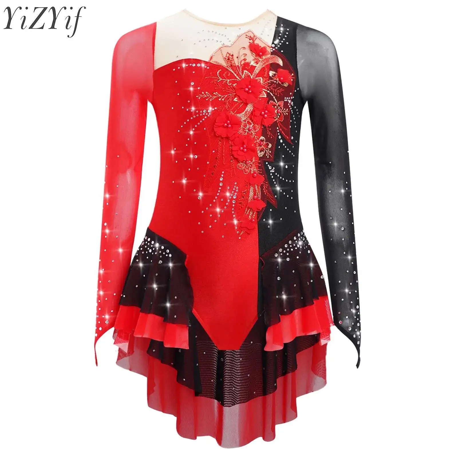 

Kids Girls Figure Skating Dress Ballet Gymnastics Skirted Leotard Rhinestones Mesh Lyrical Dance Bodysuit for Stage Performance