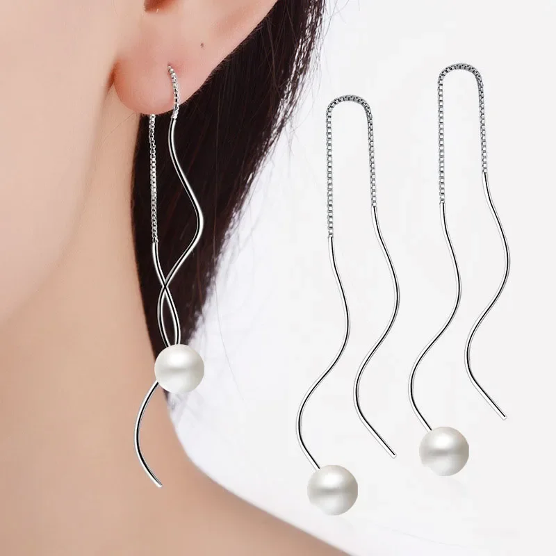 Simple Tassel Earring 925 Sterling SIlver Curve Water Wave Length Pearl Ear Line Earrings for Women Pendientes Oorbellen Brincos