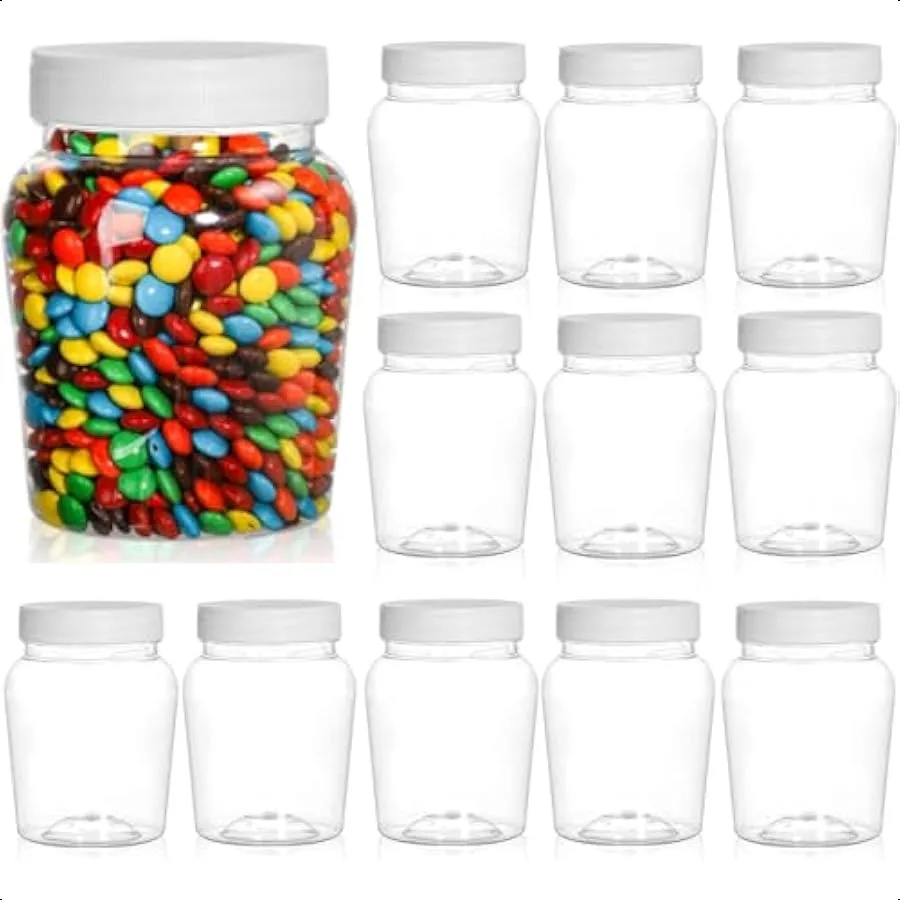 

Goaste 12 Pack Round Clear Plastic Jars 16 OZ Empty Storage Container Household Refillable Candy Jar with Airtight Cap Small Sc