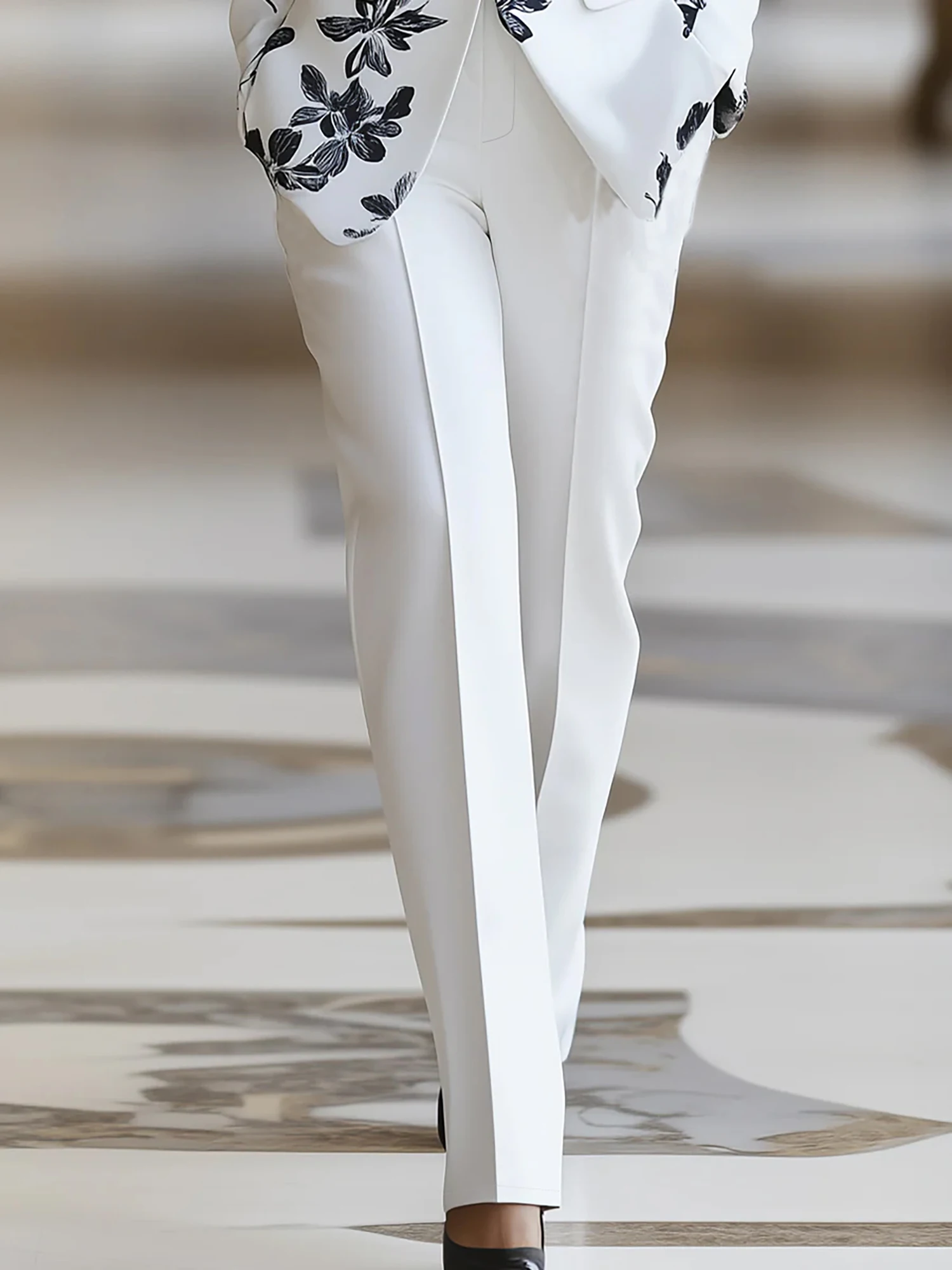 Elegant Casual Solid Color Women's Suit Trouser, Button Zipper Elastic Waist Long Pants