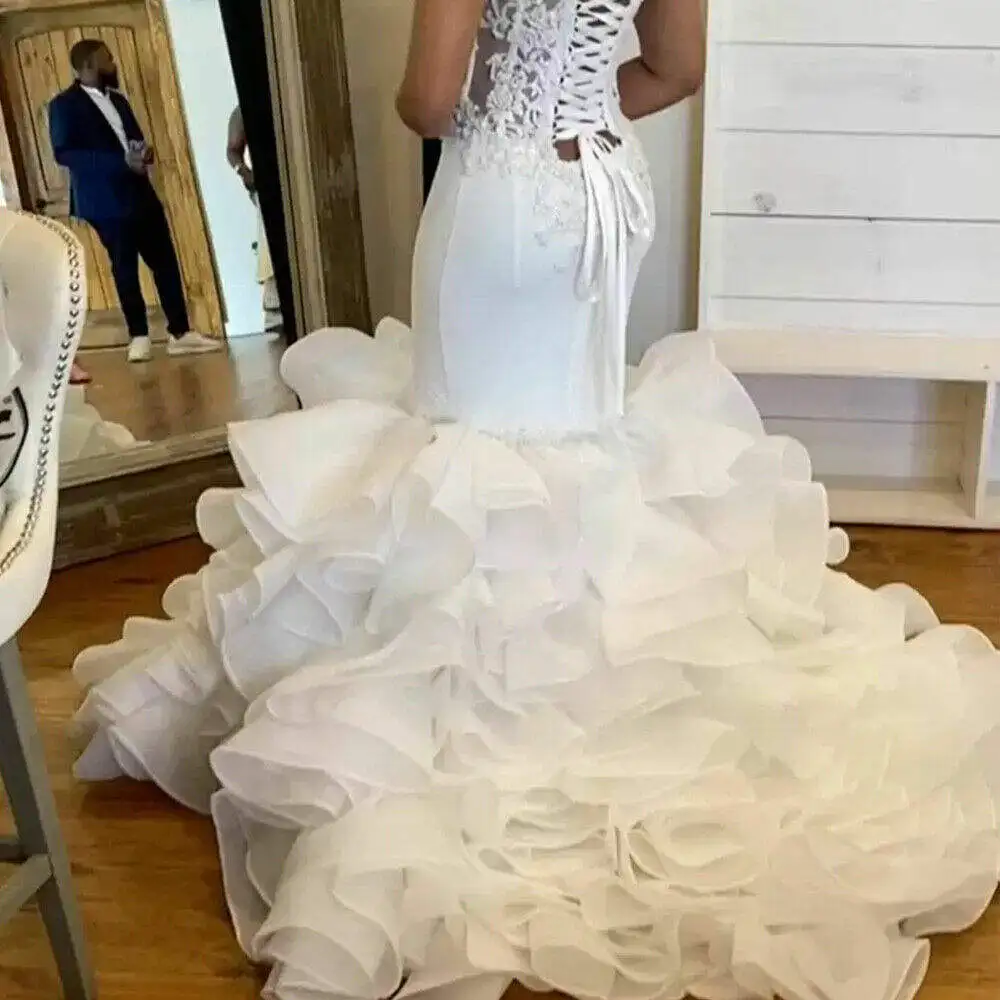 Lorencia princesa sirena vestido De novia 2023 volantes tren encaje hasta Apliques De encaje rebordear vestidos De novia bata De Mariee YMW24