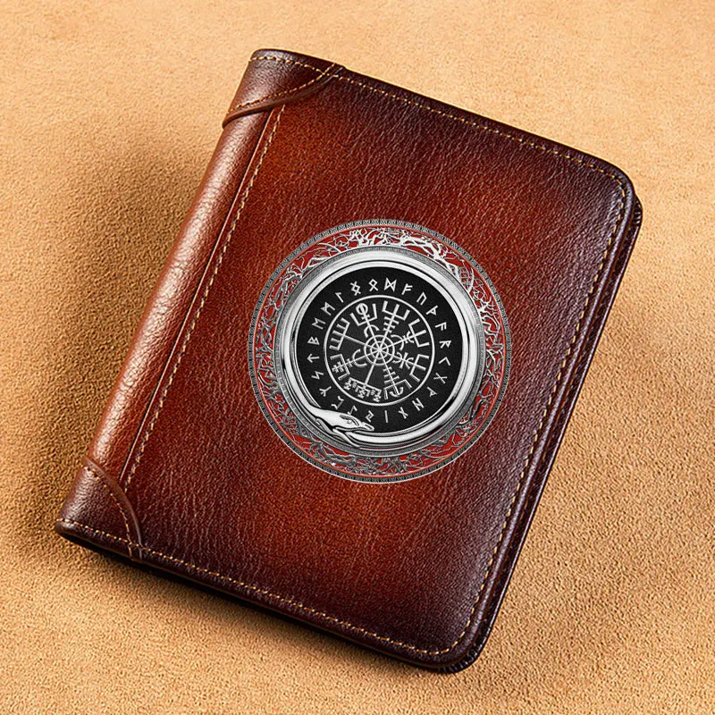 

High Quality Genuine Leather Wallet Vintage Viking Symbol Printing Card Holder Male Short Purses BK1217