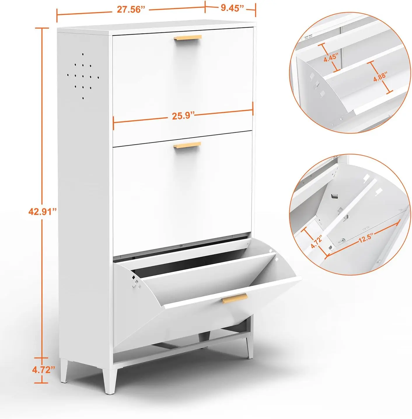 Large 3 Drawers Shoe Storage Cabinet All Steel Freestanding Shoe Rack with 3 Flip Drawers - Wall Mounted & No-Assembly