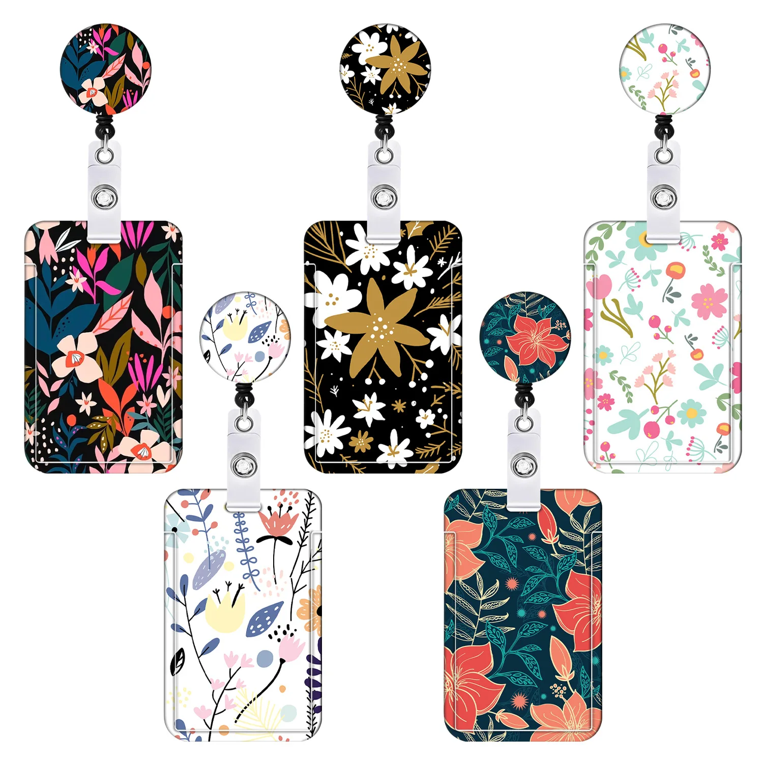 

Staff Working Cards Holder with Retractable Long Lanyard and Badge Reel Flower ID Credit Cards Holder Cover for Woman Phone Rope