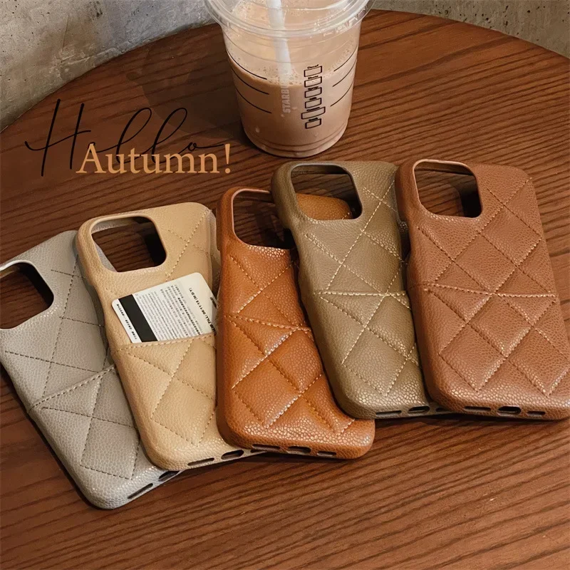 Luxury Lattice Pattern Leather Cover for IPhone 16 15 14 13 Pro Max Credit Card Slot Holder Purse Wallet Shockproof Phone Case