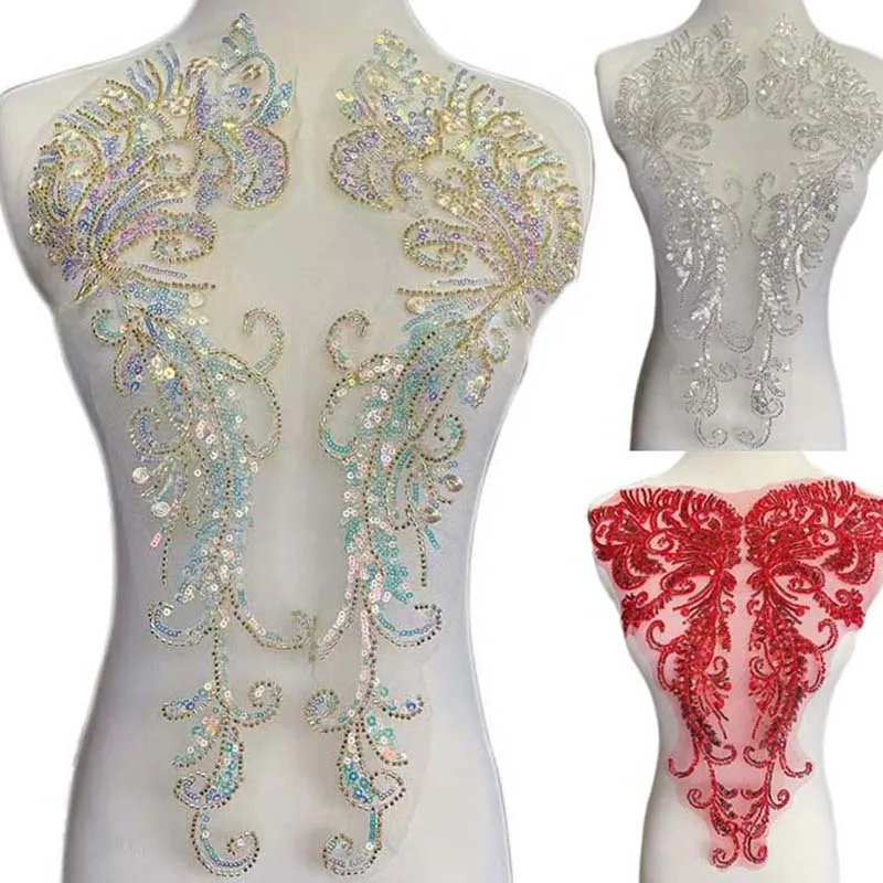 1Pair/45 * 16CM White Flower Rhinestone Tube Beaded Sequin Embroidery Patch, Lace Bodice Applique Sew On Patches For Dress