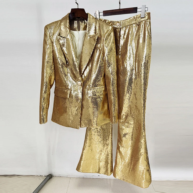 DEAT Fashion Gold Sequined 2 Piece Set Women's Lapel Loose Single Button  Blazer High Waist Pants Suit Summer Spring New
