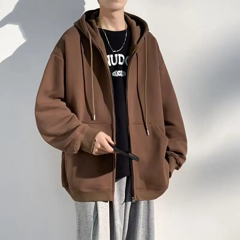 Men's Spring 2027 Hooded Sweatshirt Jacket, Lightweight and Loose-Fitting Fall Top, Available in Gray, Black, and Brown.