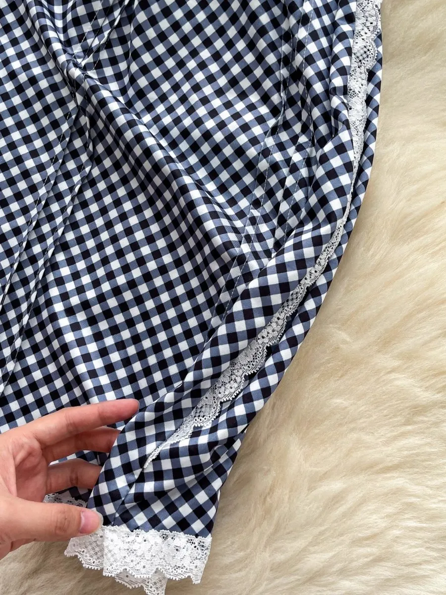 Foamlina moda Pure Desire vestido con cuello en V mujeres 2025 verano encaje Patchwork Halter Correa ceñido al cuerpo Mini vestido a cuadros