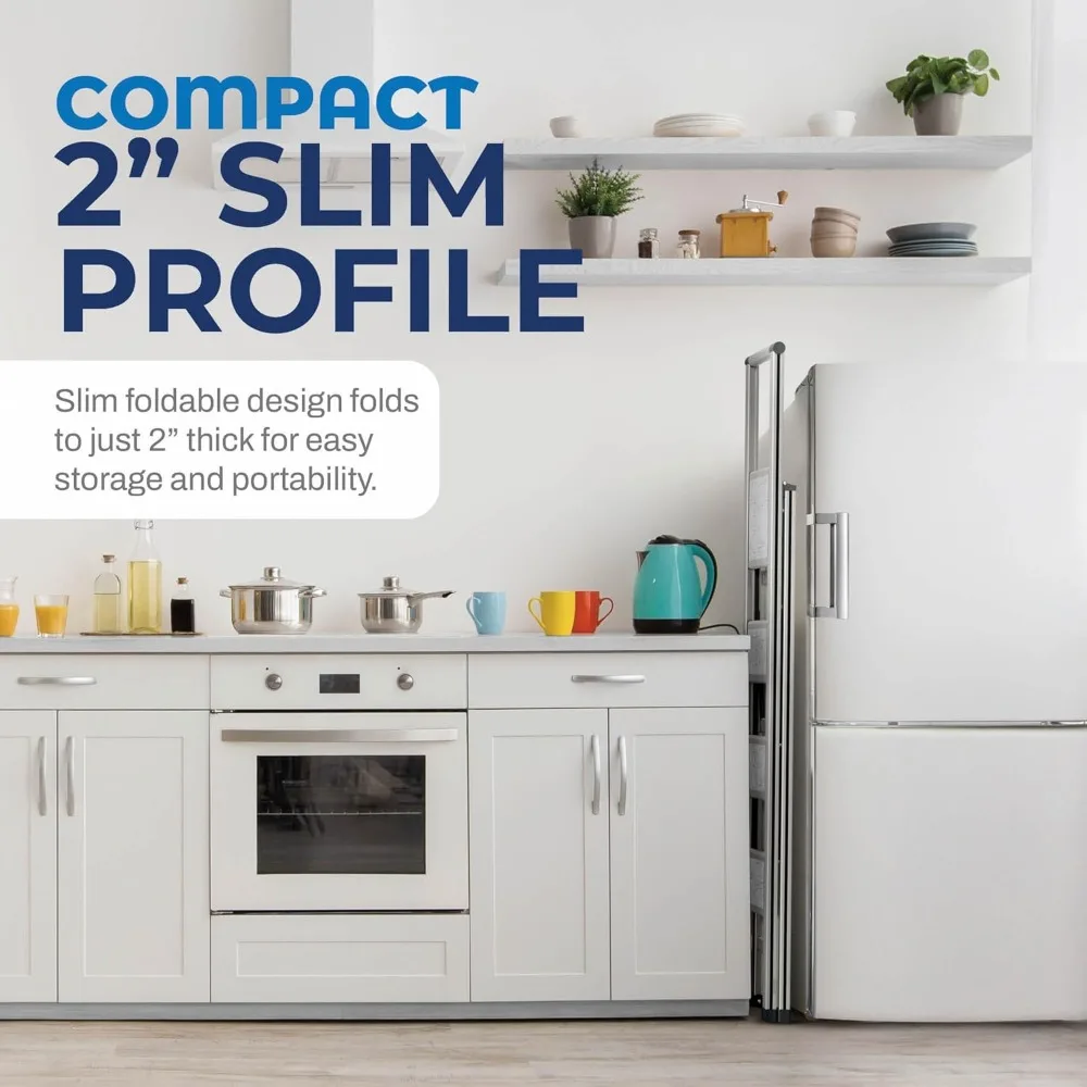 سلم قابل للطي بأربعة خطوات - خشب رمادي وألومنيوم فضي أنيق، تصميم نحيف، معالجات مضادة للانزلاق، متينة ومحمولة، مثالية للحمل