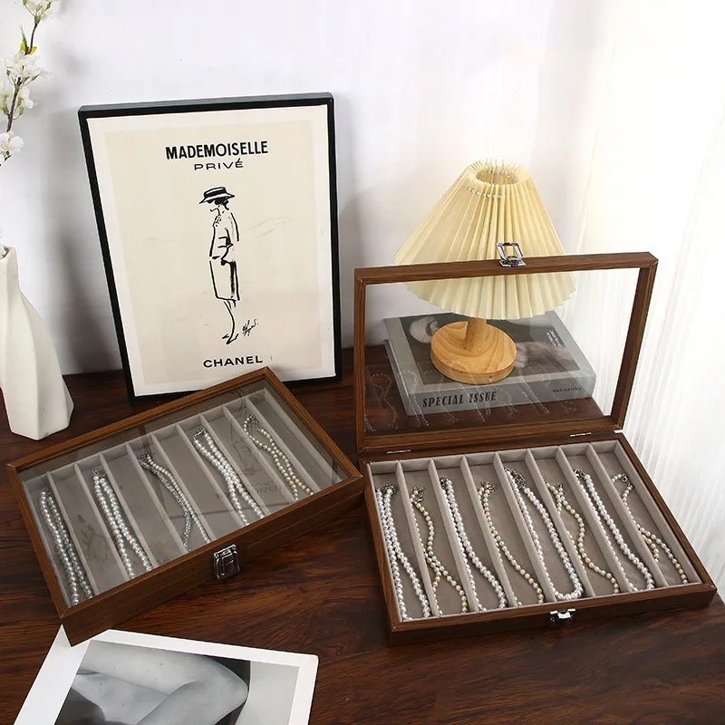 Walnut Wooden Jewelry Storage Box with Lid Dustproof Necklace hick Neck Chain Display Case Transparent Jewelry Organizer