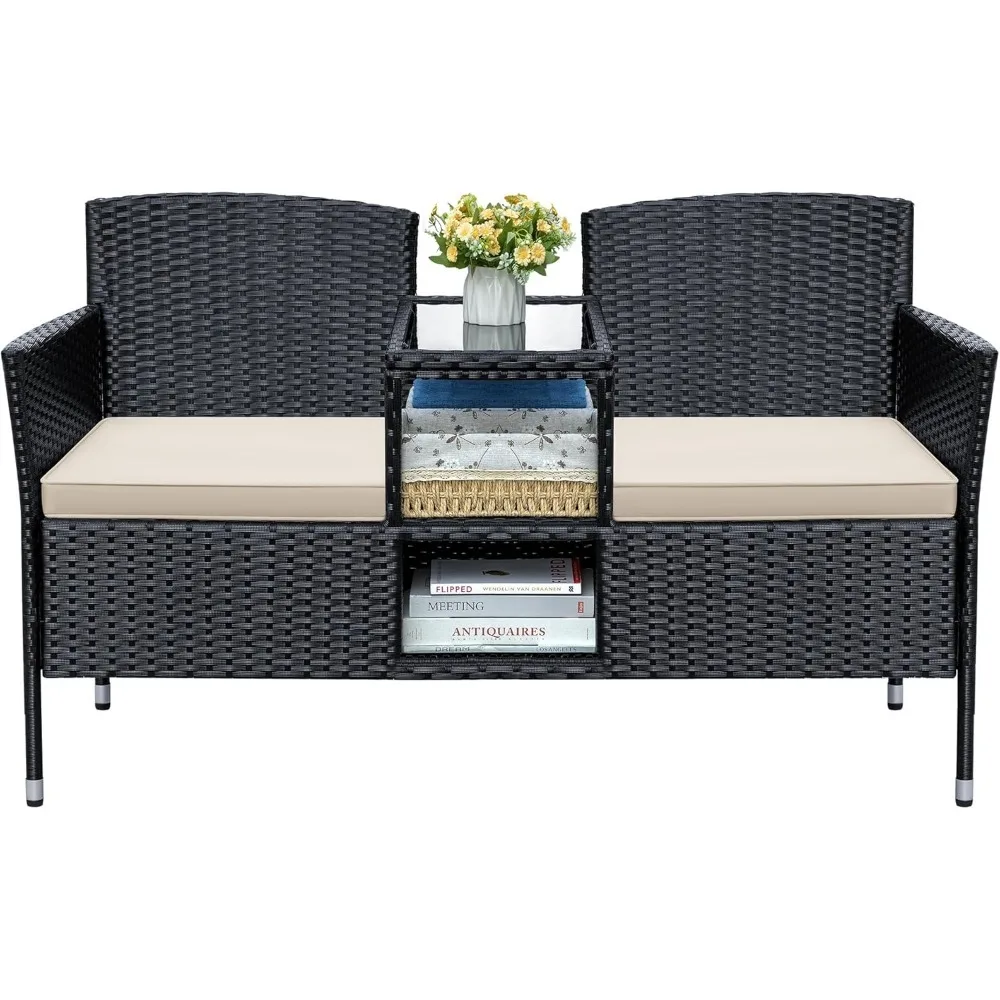 

Patio Loveseat Outdoor Wicker Conversation Set with Soft Cushions and Built in Coffee Table