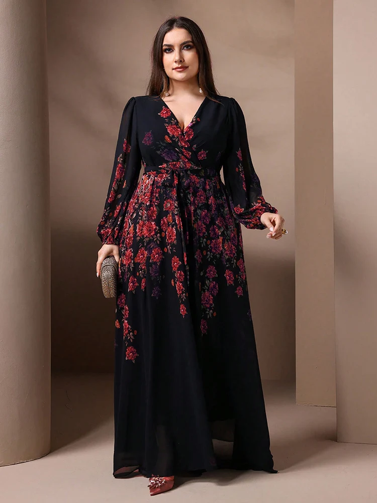 TOLEEN-Robe longue à manches longues et col en V pour femme, tenue de soirée élégante et décontractée, imprimé floral, grande taille, nouvelle collection printemps été 2024