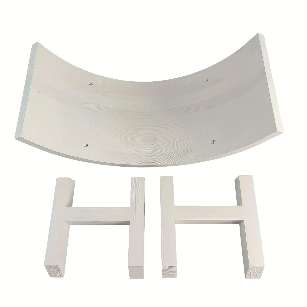 Elegante sgabello in legno a forma di U, legno massello bianco invecchiato, accessorio fotografico semicircolare e correttore posturale